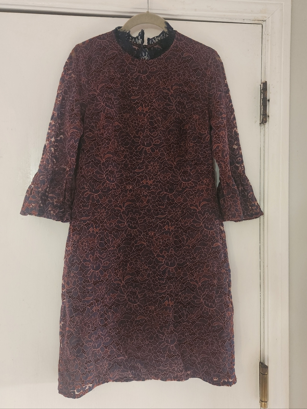 Topshop Burnt Orange And Navy Flower Lace Shift Dress With Bell Sleeves
